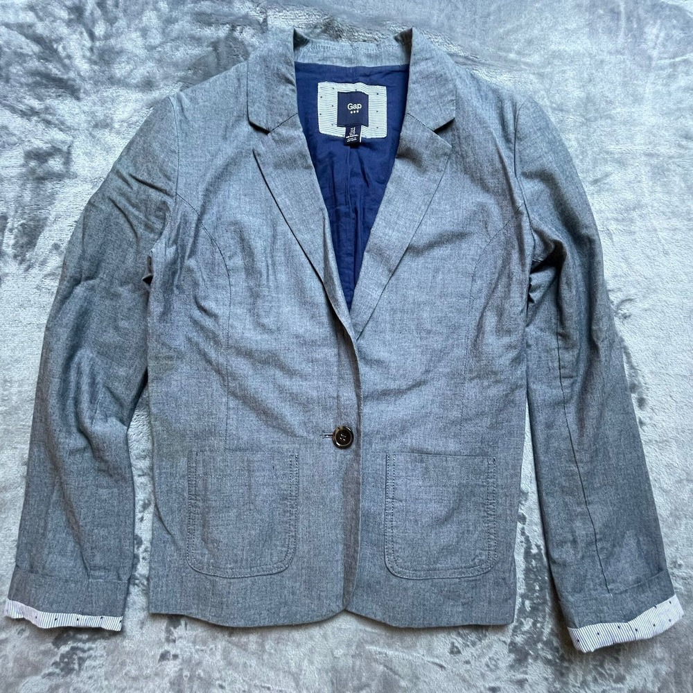 Gap Jacket Womens 2 Blue White Blazer Casual Career Lined Lightweight Academia